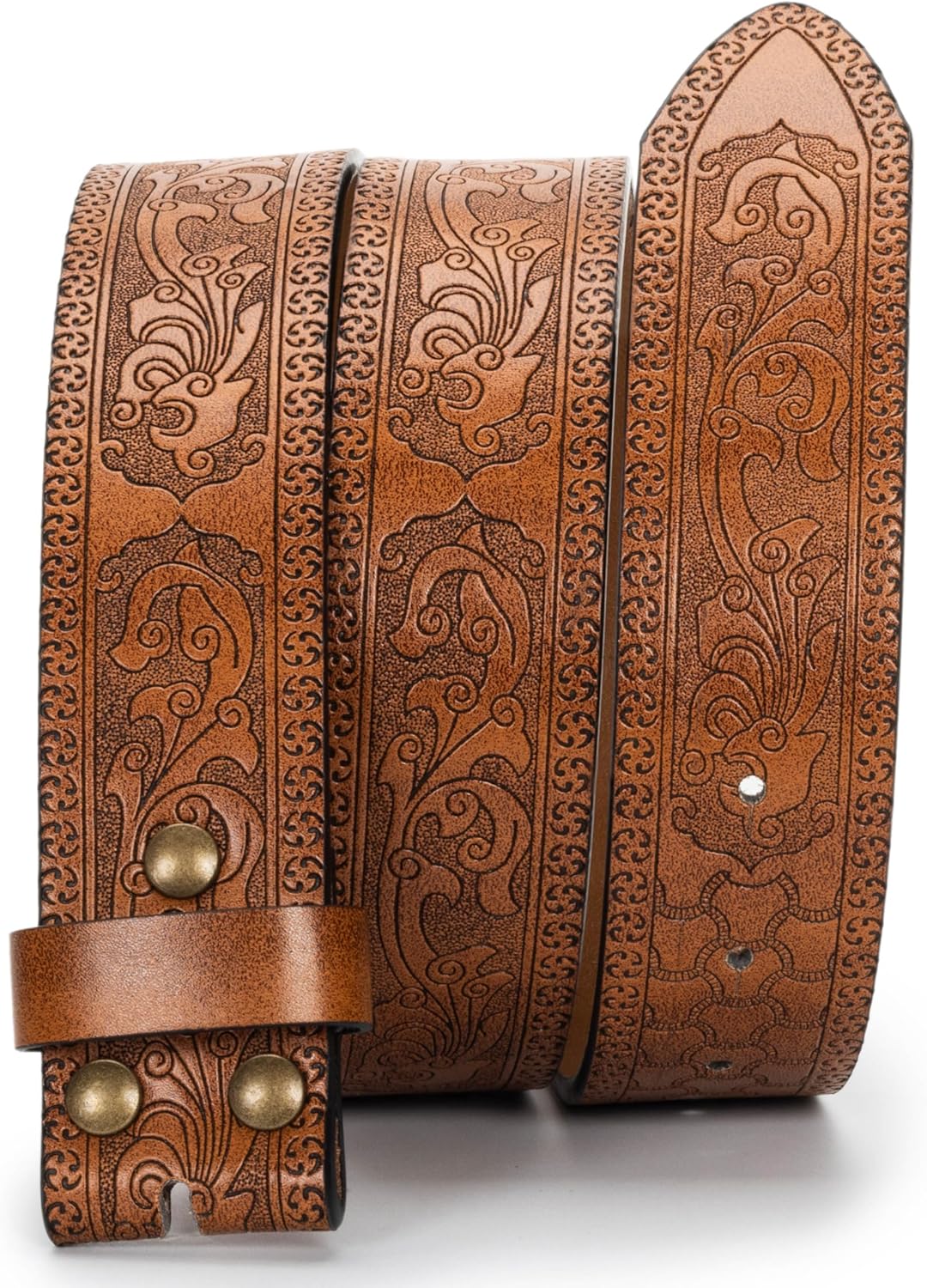 MUGANYI Western Cowboy PU Leather Belt – No Buckle Women Waist Strap Bull Decoration Floral Engraved 27″ to 39″ Waist