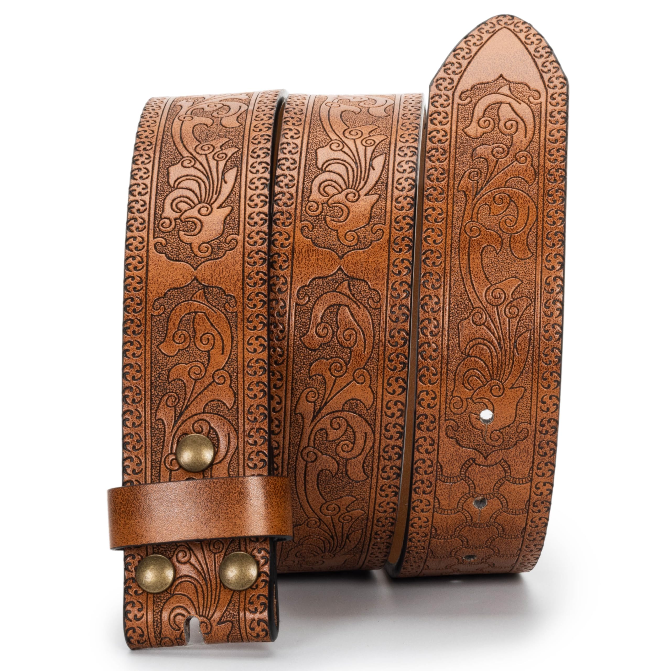 MUGANYI Western Cowboy PU Leather Belt - No Buckle Women Waist Strap Bull Decoration Floral Engraved 27 to