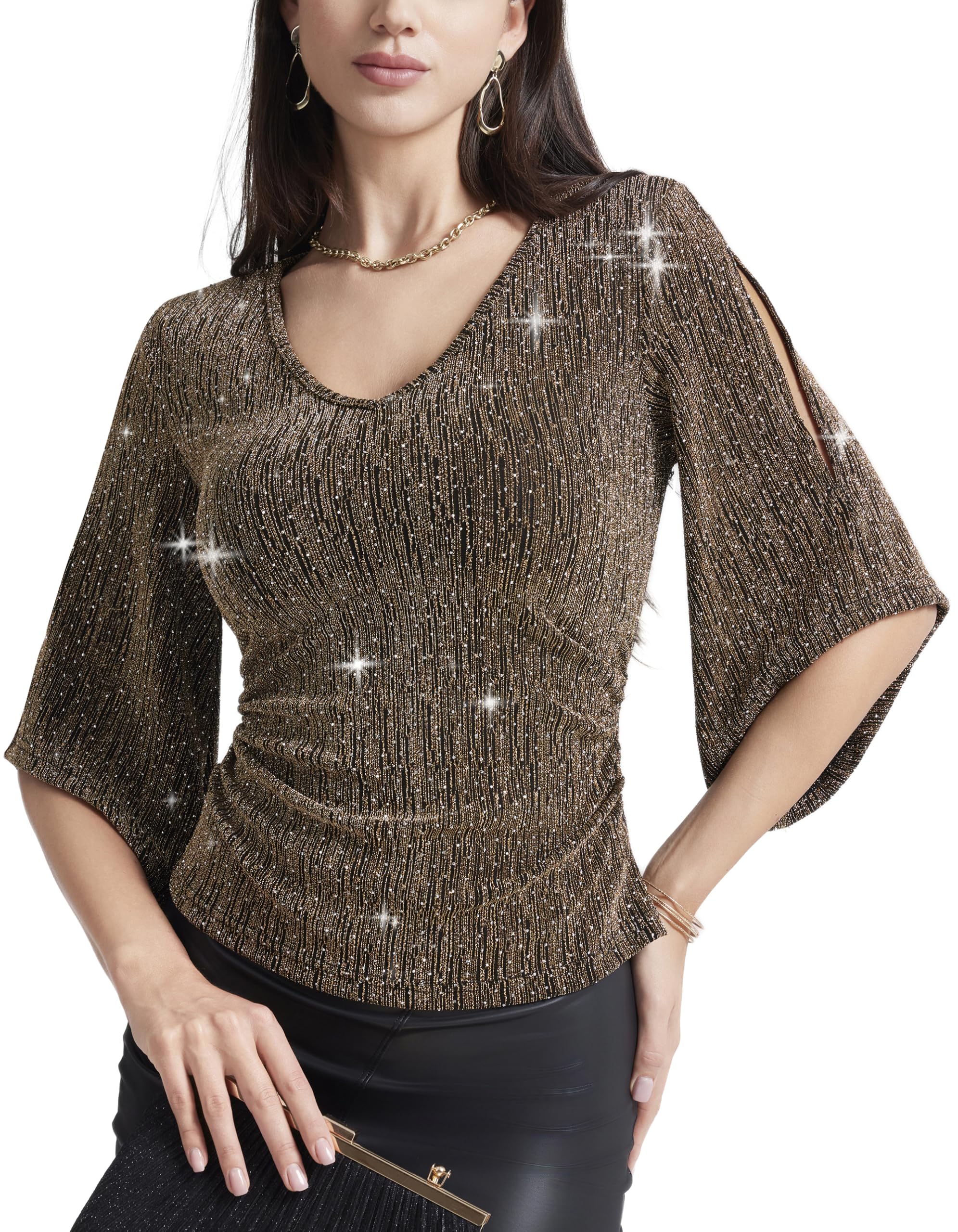 PEIQI Women's Shiny Top 3/4 Sleeve Shimmer Glitter Sparkly Blouse for Cocktail Party Evening Shirt