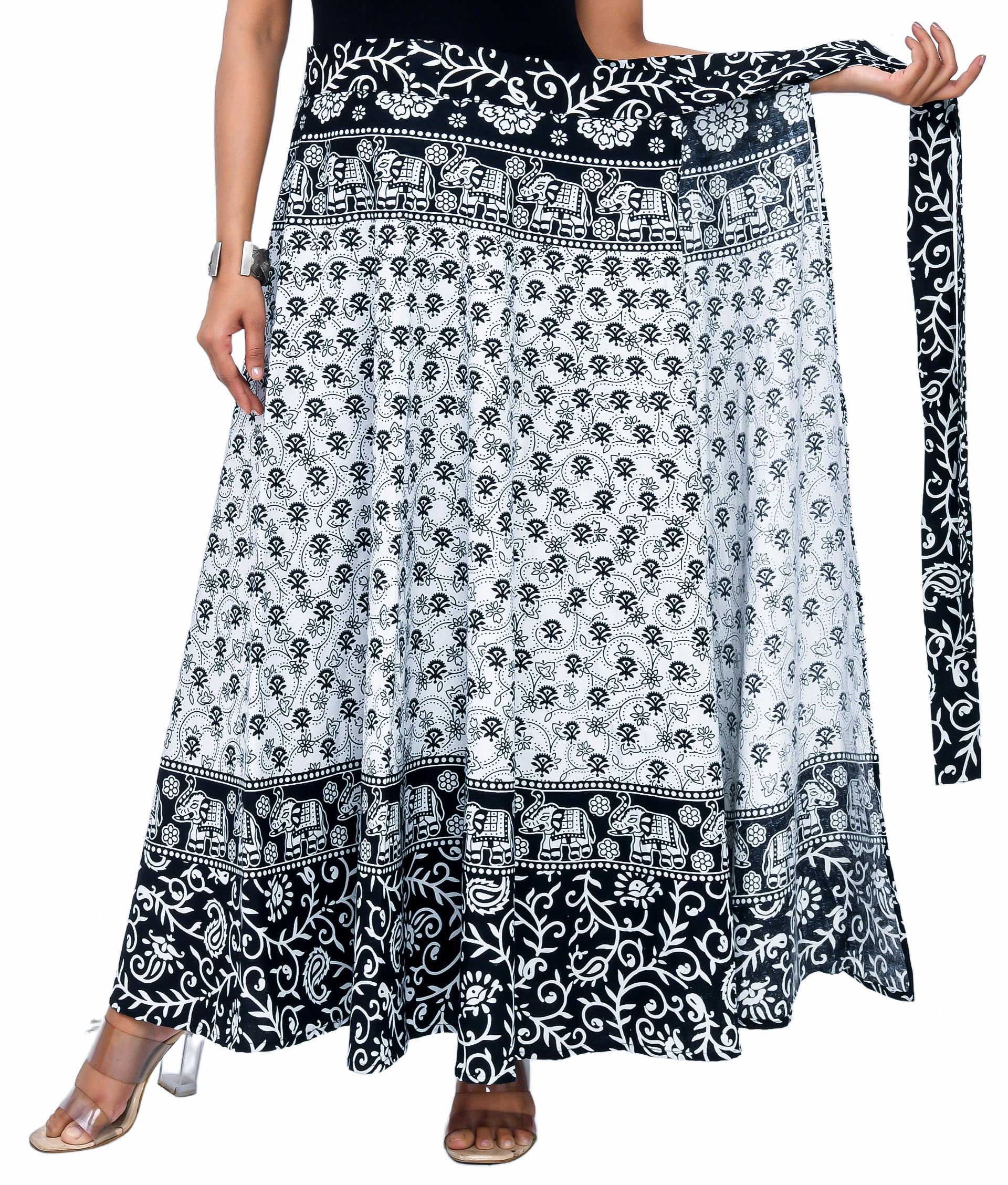 Premium Cotton Wraparound Skirt for Women (Black White, Free Size)
