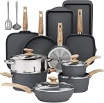 DishDelight 17 Piece Non-Stick Pots and Pans Set, Nonstick Induction Granite Kitchen Cookware Set, Non-Stick Saucepan Set, Black