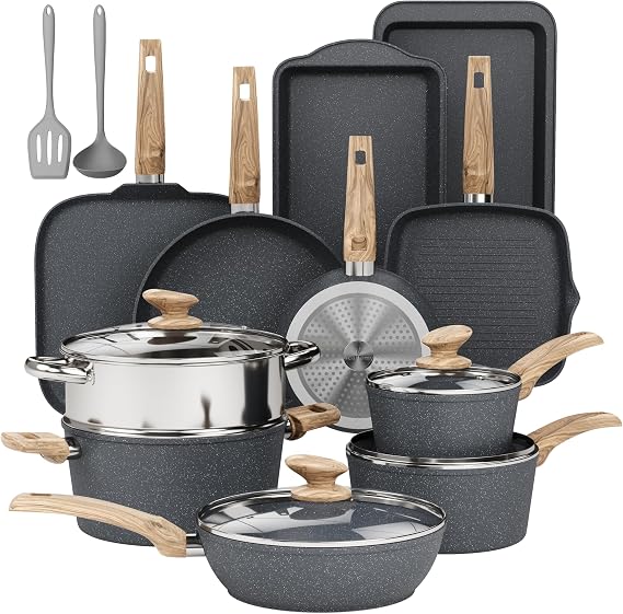 DishDelight 17 Piece Pots and Pans Set Non Stick, Granite Nonstick Cookware Set, Induction Cookware and Bakeware Set, Nonstick Kitchen Cookware Set, Gray