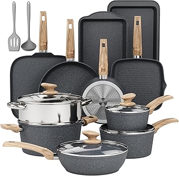 DishDelight 17 Piece Pots and Pans Set Non Stick, Granite Nonstick Cookware Set, Induction Cookware and Bakeware Set, Nonstick Kitchen Cookware Set, Gray