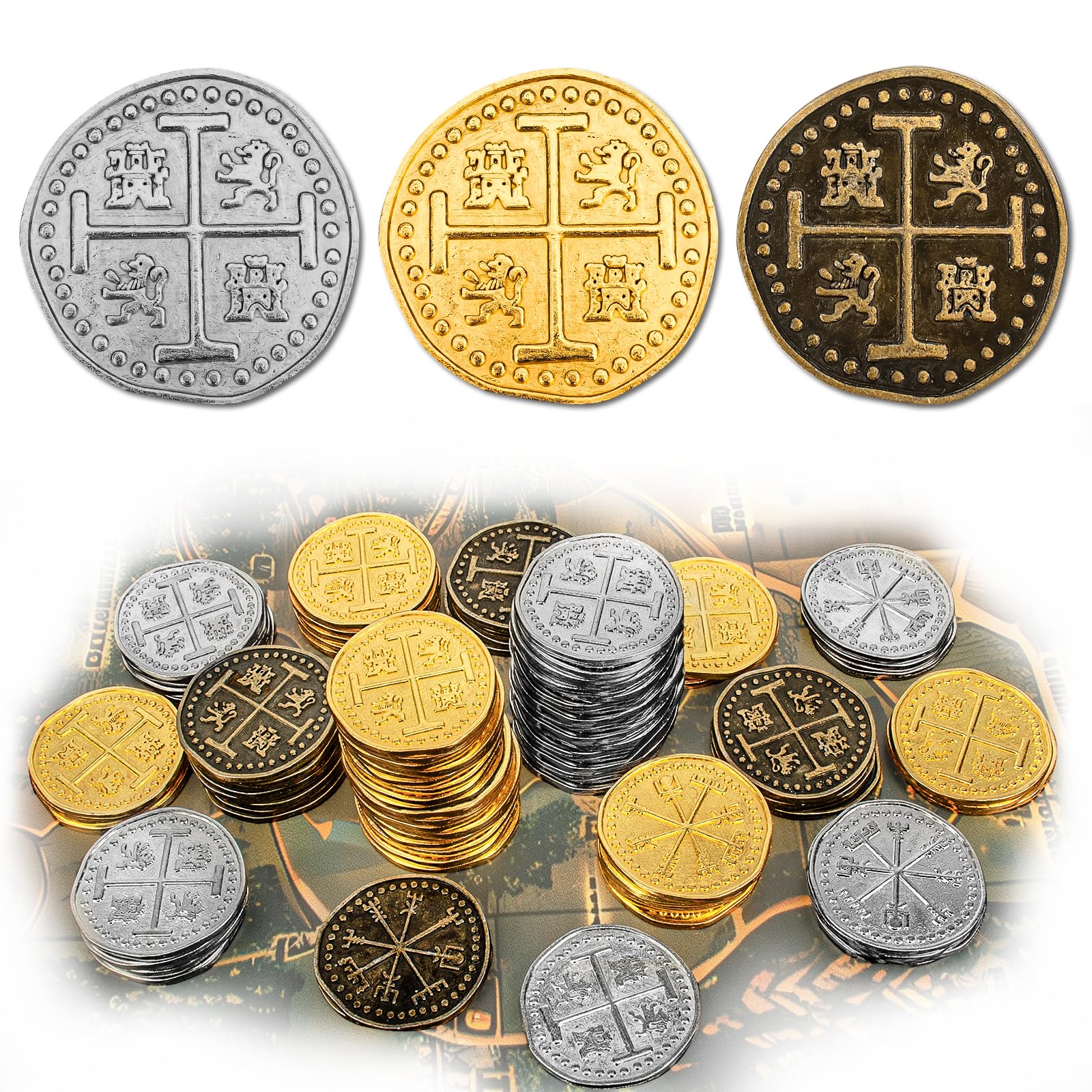 Byhoo 36 Pcs Metal Pirate Token Coins Set, Realistic Treasure Spanish Currency Coins for Pirate Treasure Chest Treasure Hunt Cosplay Toy Board Game