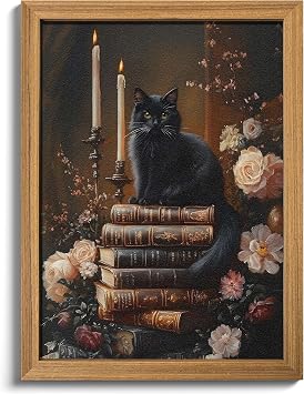 Framed 3D Textured Cat Wall Art Vintage Books Floral Dark Academia Decor, Victorian Gothic Botanical Flowers Pictures for Living Room Bedroom Gallery Library Wall Decor 12x16in
