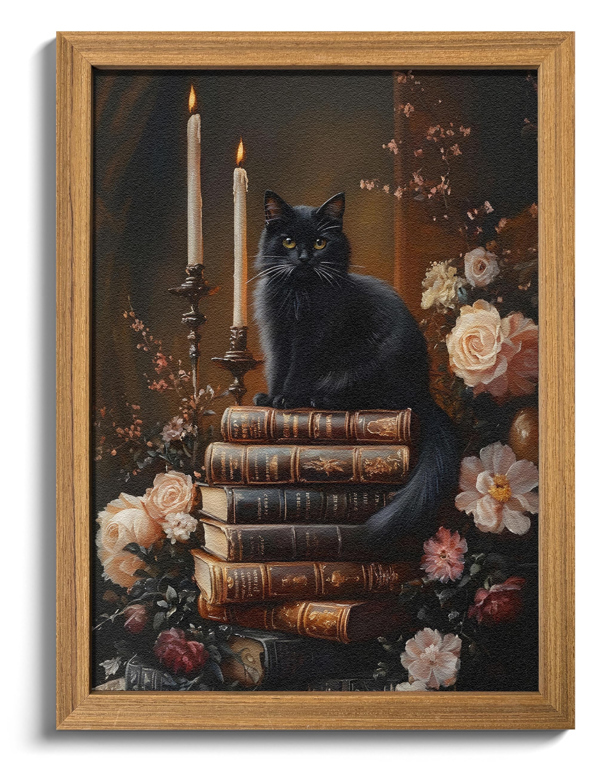 Framed 3D Textured Cat Wall Art – Vintage Books Floral Dark Academia Decor, Victorian Gothic Botanical Flowers Pictures for Living Room Bedroom Gallery Library Wall Decor – 12x16in