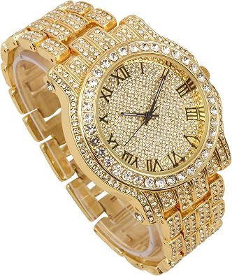 Charles Raymond Bling-ed Out Round Luxury Mens Watch w/Bling-ed Out Cuban Bracelet and Iced King Ring Set - L0504 BR 3pc Set