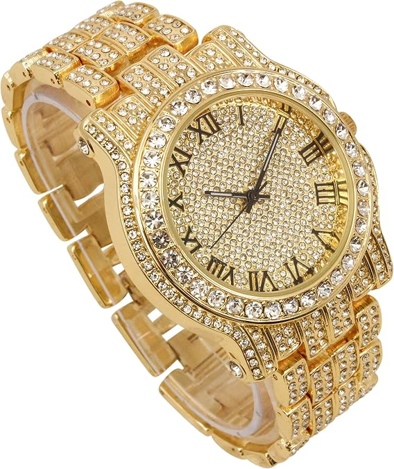 Charles Raymond Bling-ed Out Round Luxury Mens Watch w/Bling-ed Out Cuban Bracelet and Iced King Ring Set - L0504 BR 3pc Set