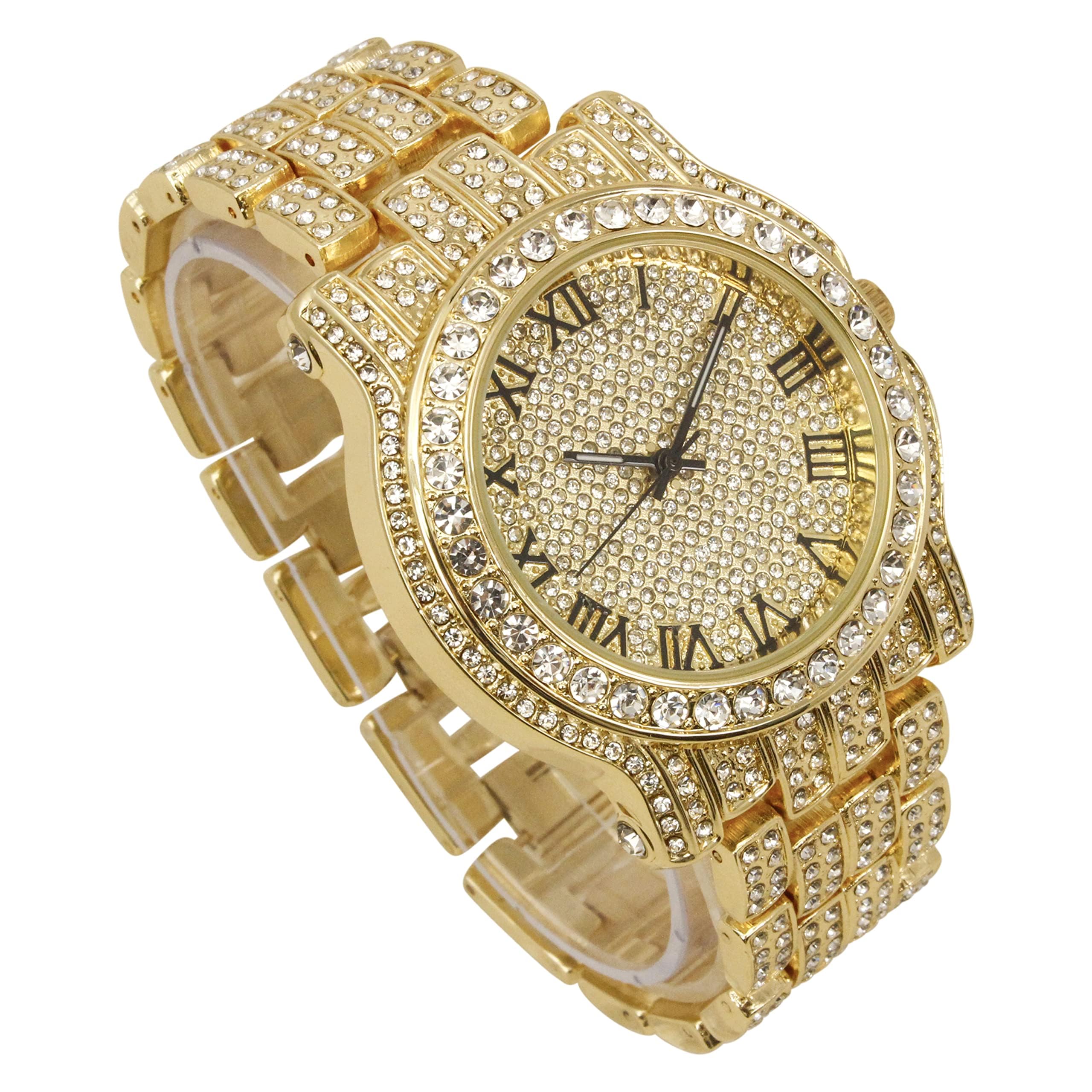 Charles Raymond Bling-ed Out Round Orologio da uomo di lusso con bracciale cubano Bling-ed Out e set di anelli re ghiacciati - L0504 BR 3 pezzi Set