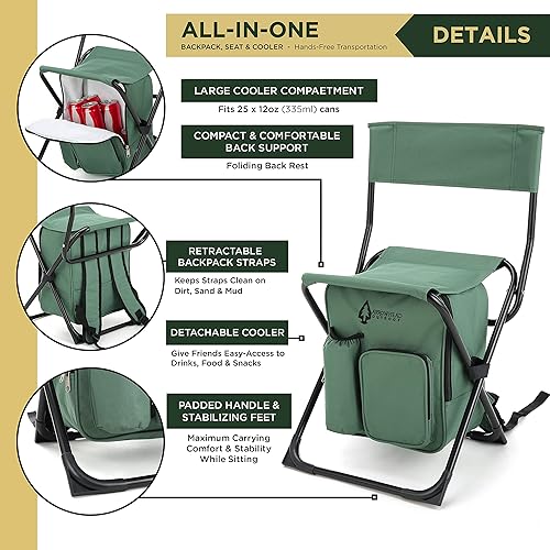Miniatura 4 de Arrowhead Outdoor Silla de campamento compacta multifunción 3 en 1 mochila, taburete y enfriador aislado, con soporte para botellas y bolsa de