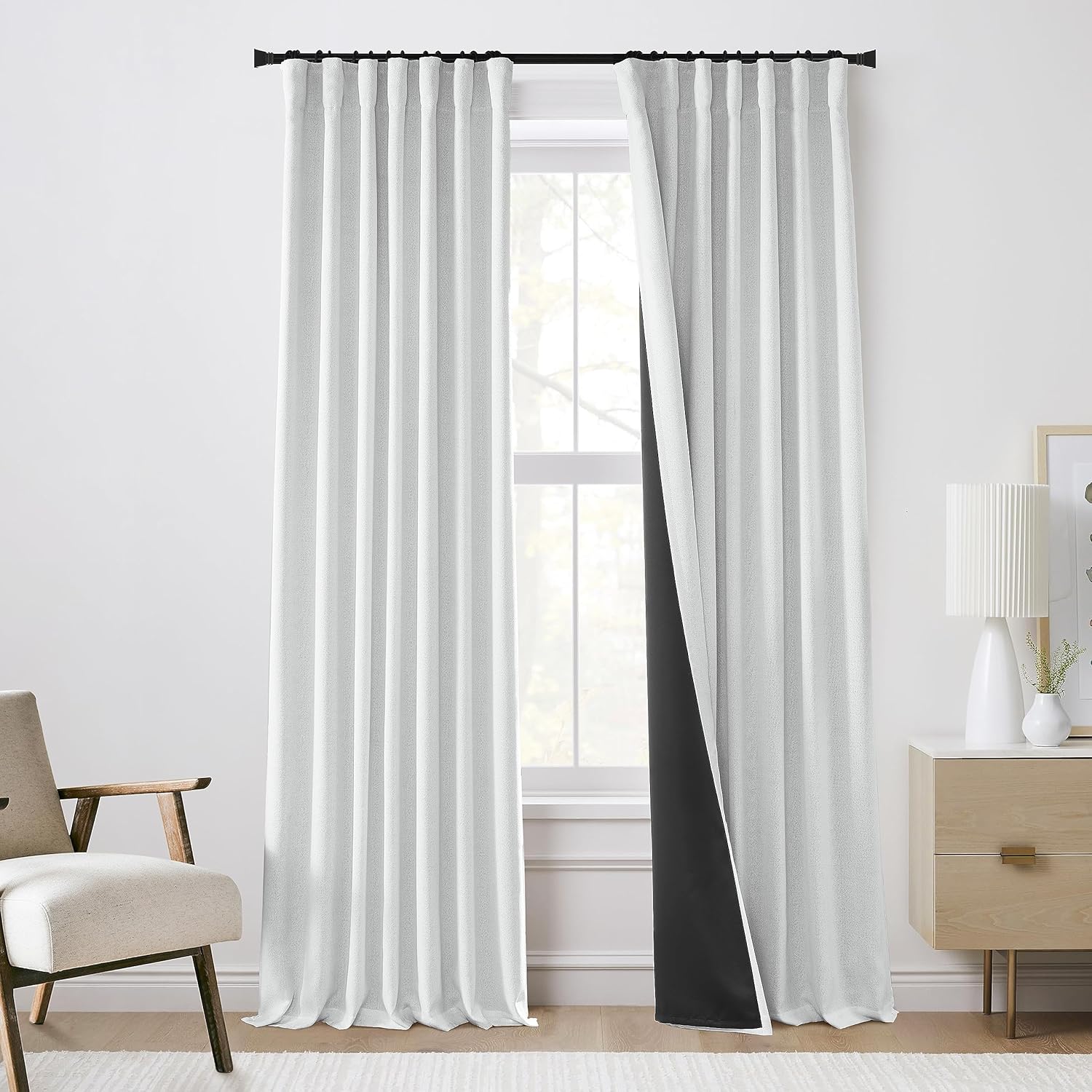 108 Inch White Extra Long Curtains for Bedroom,Hook Tape for Traverse Curtain Rod,100% Blackout Light Dark Out Faux Linen Long Curtains for Living Room,9FT Length,Back Tab No Clip or Rings,One Pair 50"W x 108"L White