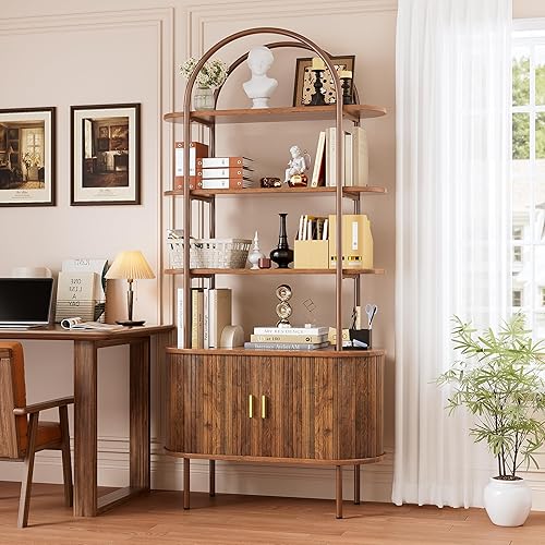 Miniatura 8 de Soporte alto para tocadiscos de vinilo, estantería arqueada de 4 niveles con puertas corredizas, gabinete de almacenamiento de discos retro, estante