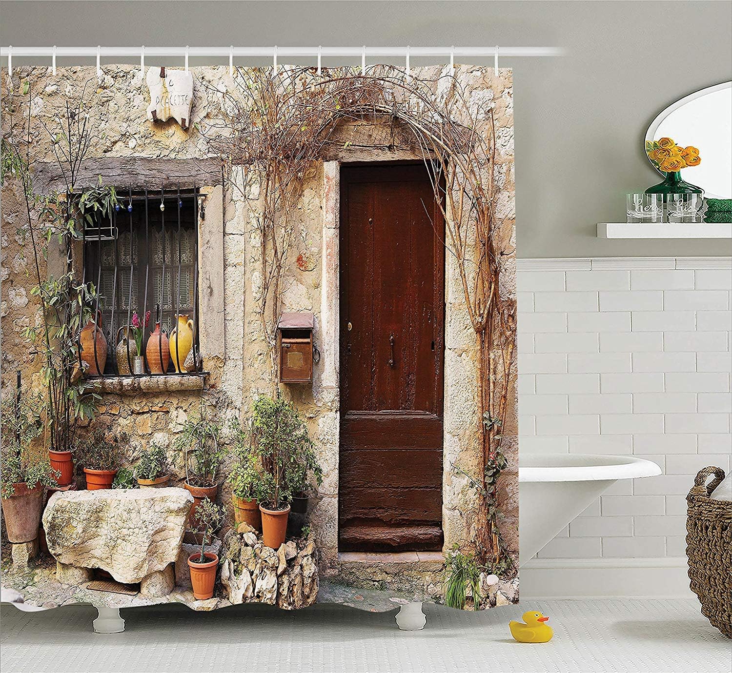 Nyngei Shutters Decor Collection Flowerpot plants in Front Yard French Hilltop Village Saint-paul De Vence Heritage Polyester Fabric Bathroom Shower Curtain Set with Hooks Beige Green