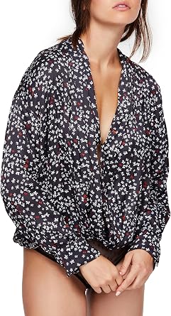 Intimately Free People Womens Ladylike Lady Satin Surplice Bodysuit B/W XS