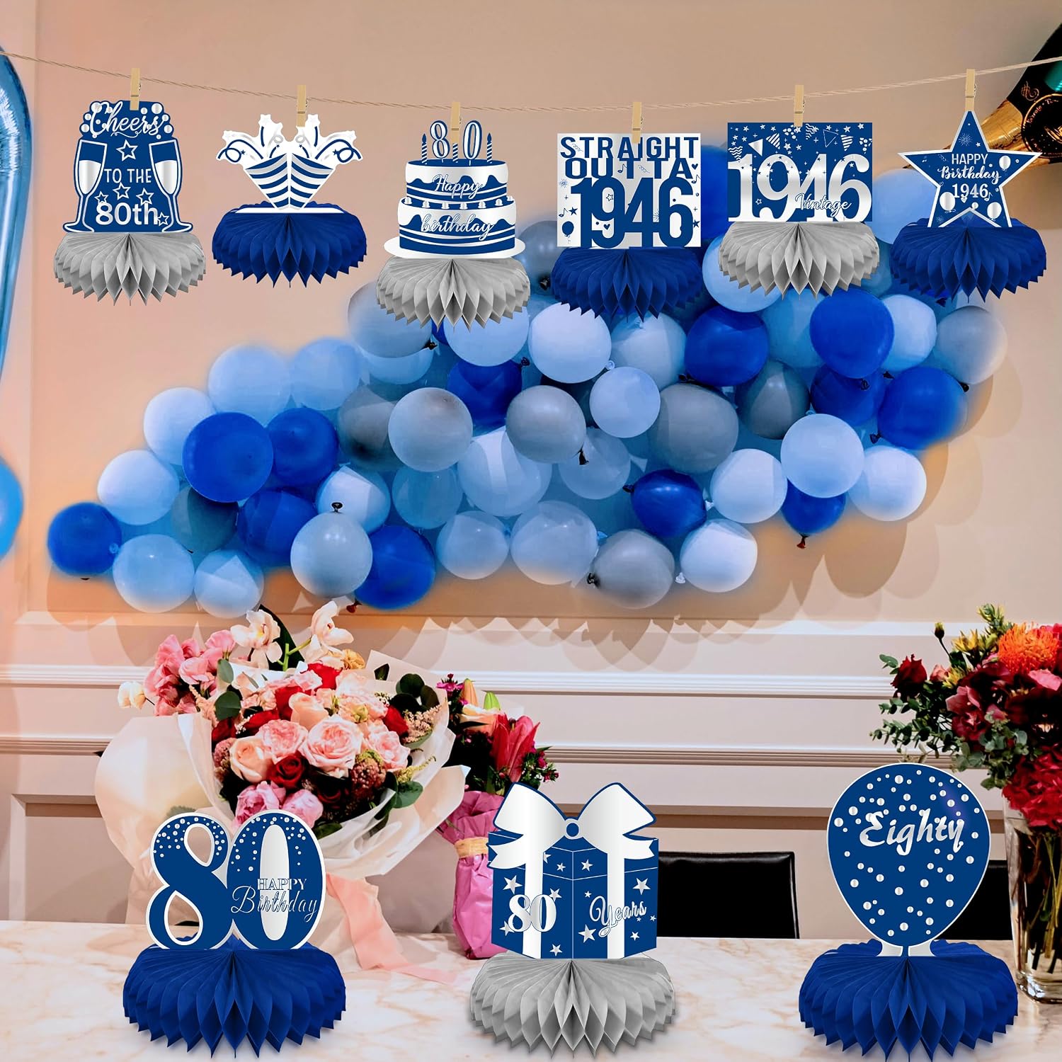 LINAYE 80th Birthday Decorations for Men - Blue and Silver Honeycomb Centerpieces for 80 Year Old Birthday Party 80th Birthday Centerpieces for Table Seventy Birthday Vintage Decorations Decor