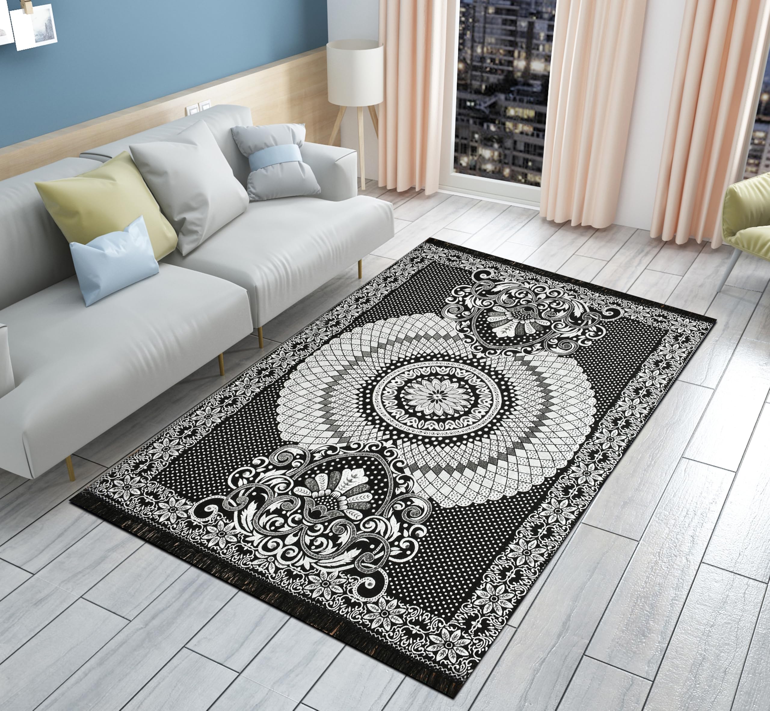Furnishing Hut Chenille/Cotton Carpet 5x7 Feet | Soft Velvet Rug for Living Room, Hall & Bedroom | Floor Carpet for Home | Designer Dari for Floor 150x210 cm | Non-Slip & Durable Kalin (Black)-image-27