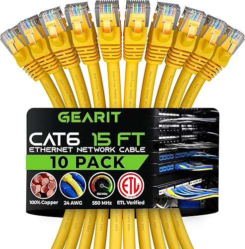 GearIT Cable Ethernet Cat 6 Cat 6, cable de conexión Cat 6, cable Ethernet Cat6, cable de red, cable de Internet, amarillo de 15 pies (paquete de