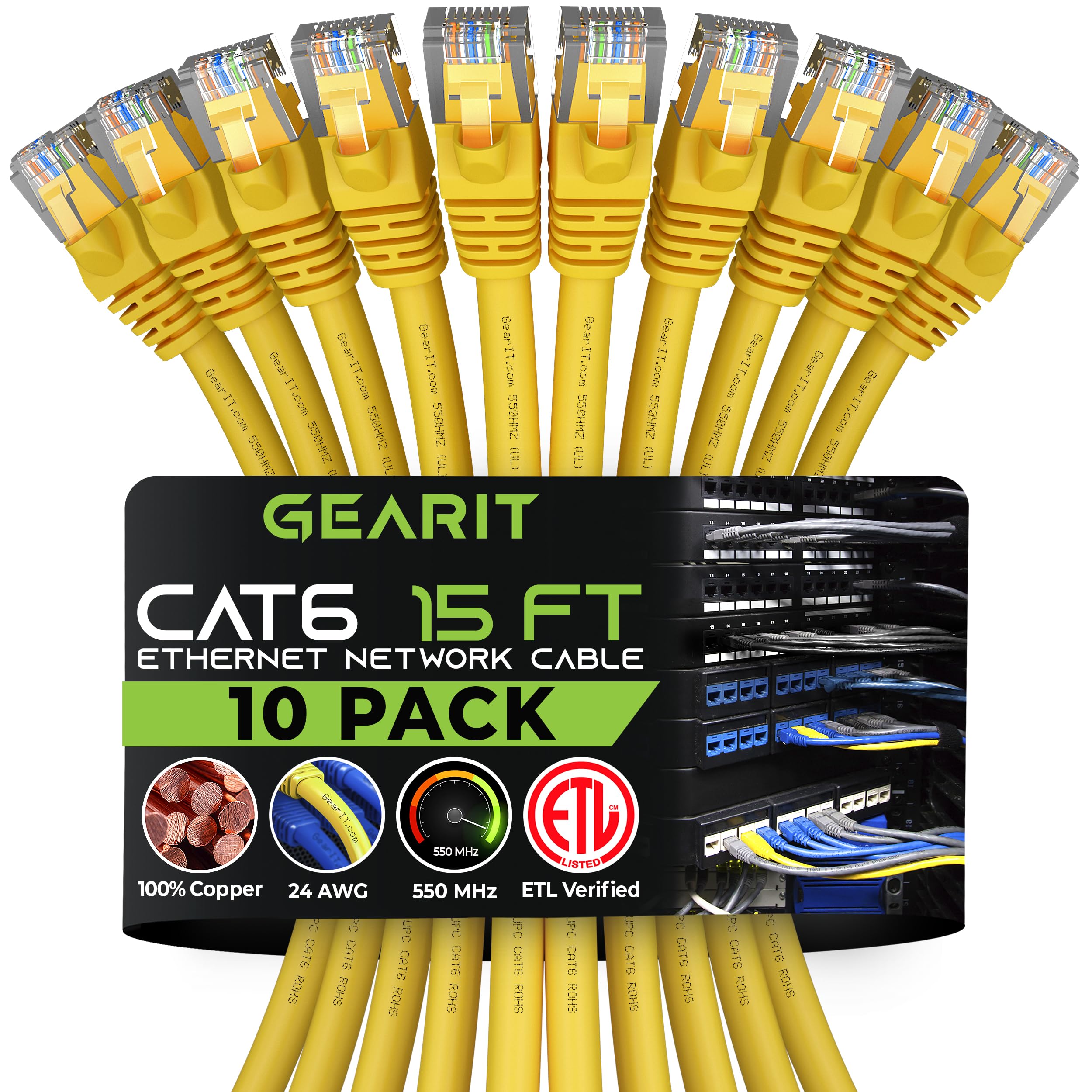 GearIT Cat 6 Ethernet Cable (10-Pack 15 Feet) Cat6 Network Patch, 10Gbps, RJ45, Snagless Cord, Gold-Plated Connectors, Internet for PC, TV, Tablet, Router, Printer, Servers, IT Data Center - Yellow