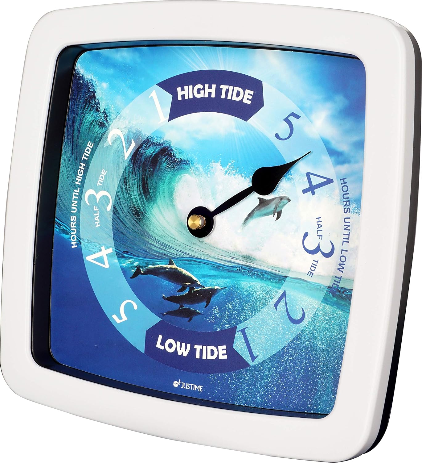 JUSTIME 8.5 Inch Atlantic Tide Clock for East Coast, High Tide Low Tide Clock with Plastic Water Resistant Case, Colorful Graphics Designed Home Wall Décor (TT424WT Dolphin)