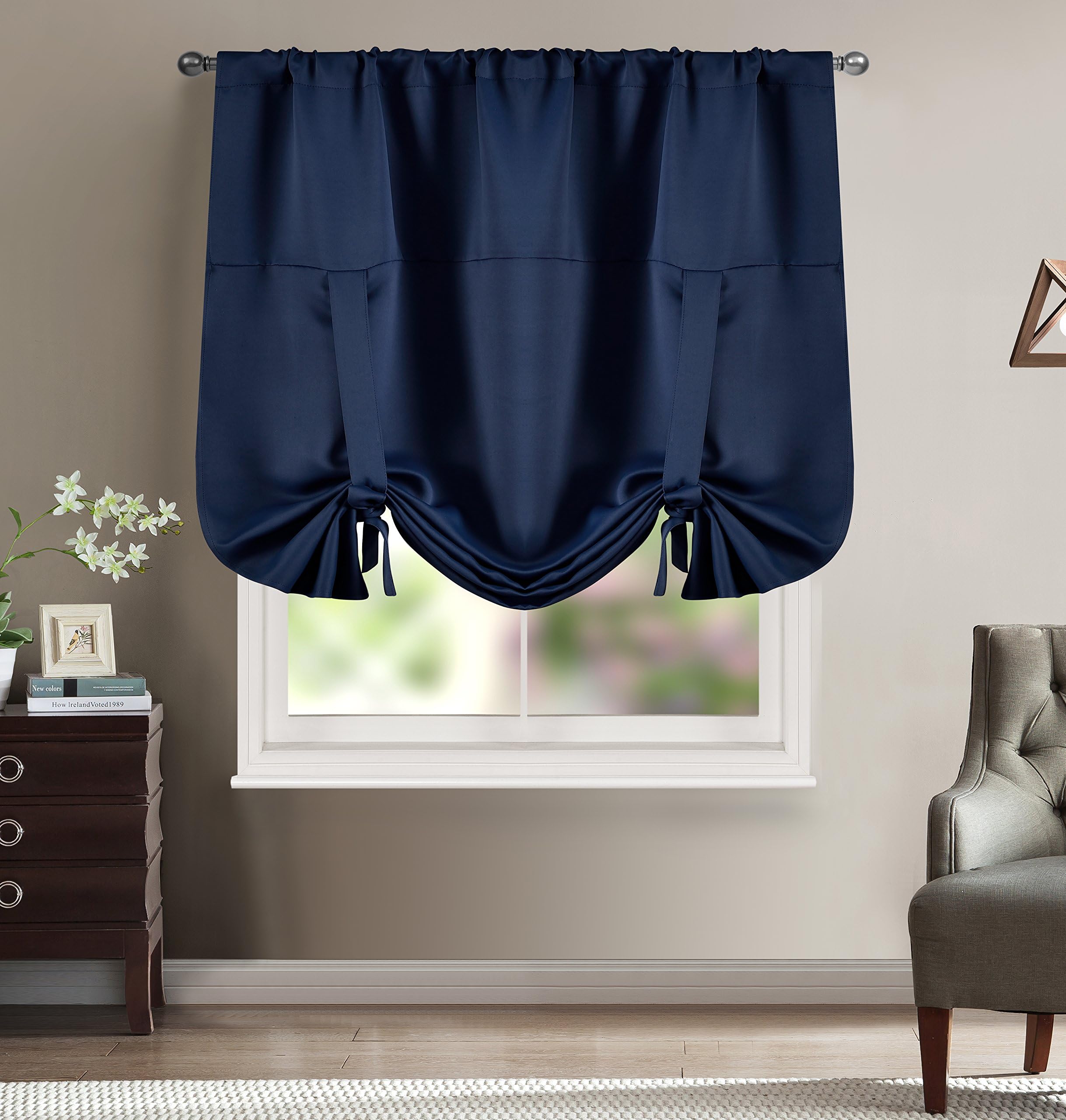 BHU Solid Color Rod Pocket Blackout Navy Curtain Tie Up Shade for Small Window Navy 38W x 54L One Drape
