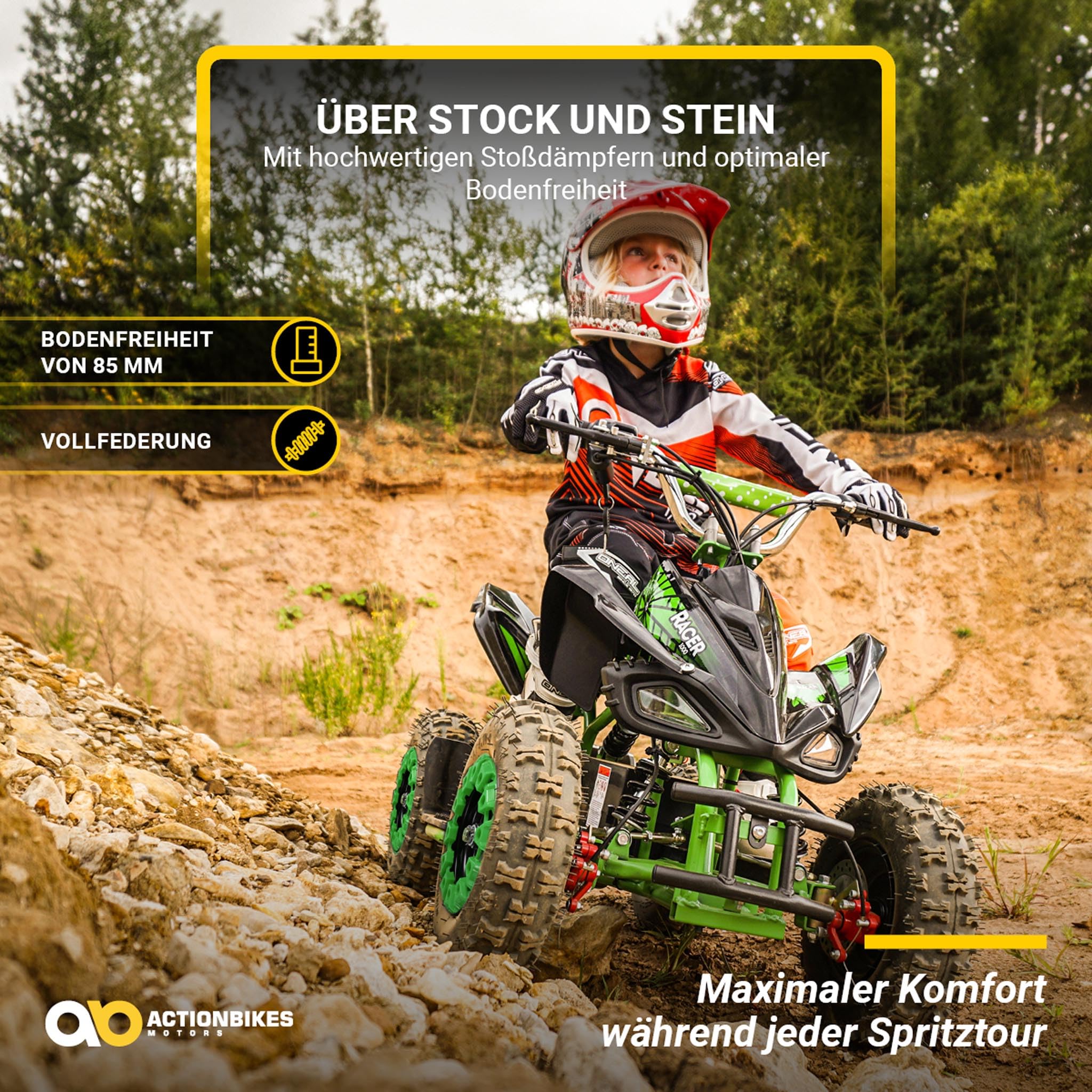Actionbikes Motors Kinder Quad Elektro ATV Racer | 𝟑𝟔 Volt 𝟭𝟬𝟬𝟬 Watt Motor bis 𝟐𝟒 km/h - Kinderquad - Pocket Quad - Safety Touch Fußschalter - Für Kinder ab 8 Jahren (1000 Watt Schwarz/Grün)