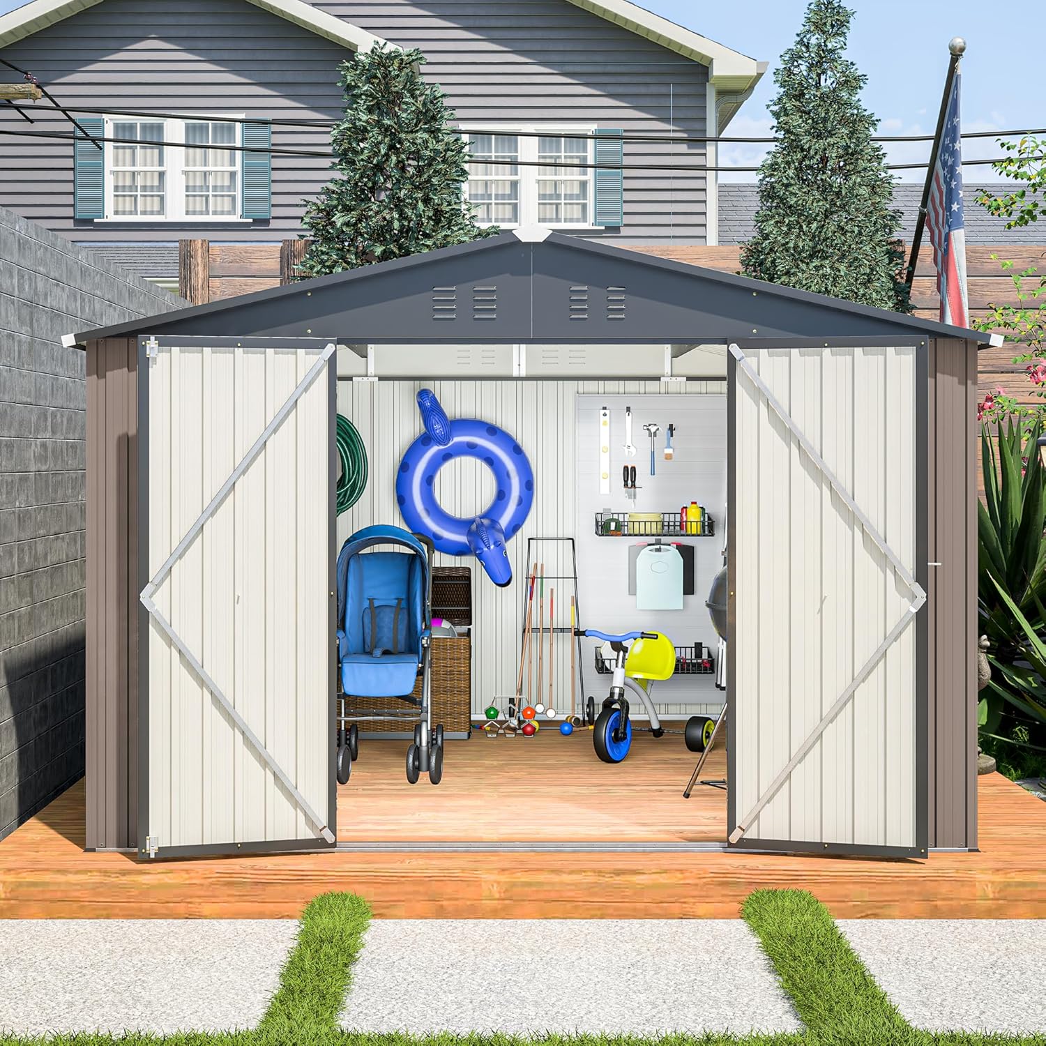 10 x 10 FT Outdoor Storage Shed,Heavy Duty Tool Sheds Metal Storage Garden Shed with Sloped Roof and Lockable Doors,Large Metal Storage Sheds for Backyard Patio Lawn, Brow