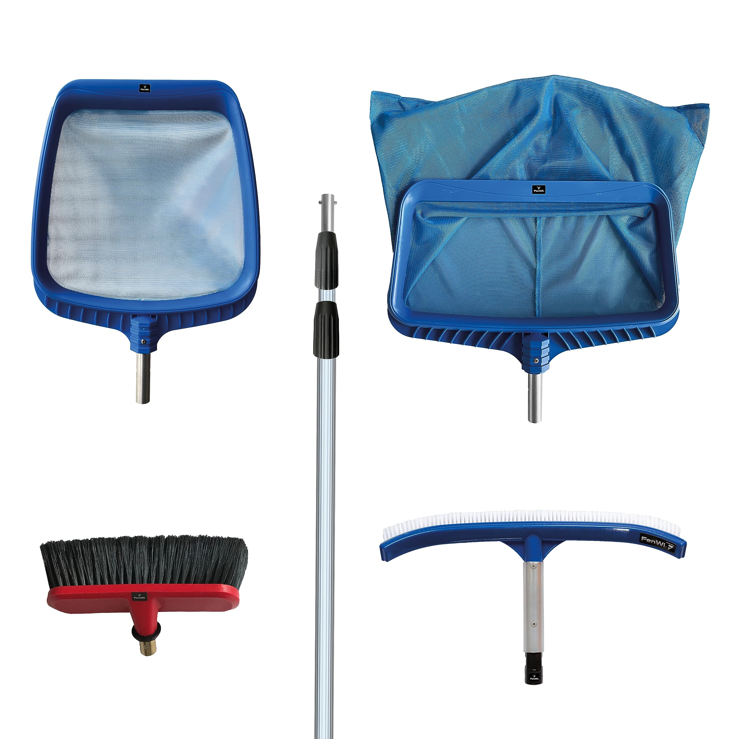 FenWi 4m Komplett Set zur Poolreinigung und Teichreinigung / 2X Kescher und 2X Bürste/Teleskopstange mit Oberflächenkescher Tiefenkescher Poolbürste Teichbürste