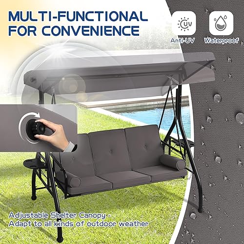 Miniatura 5 de Columpio de porche al aire libre de 3 asientos con toldo ajustable, cama convertible con soporte, planeador de patio con cojín, almohada y soporte