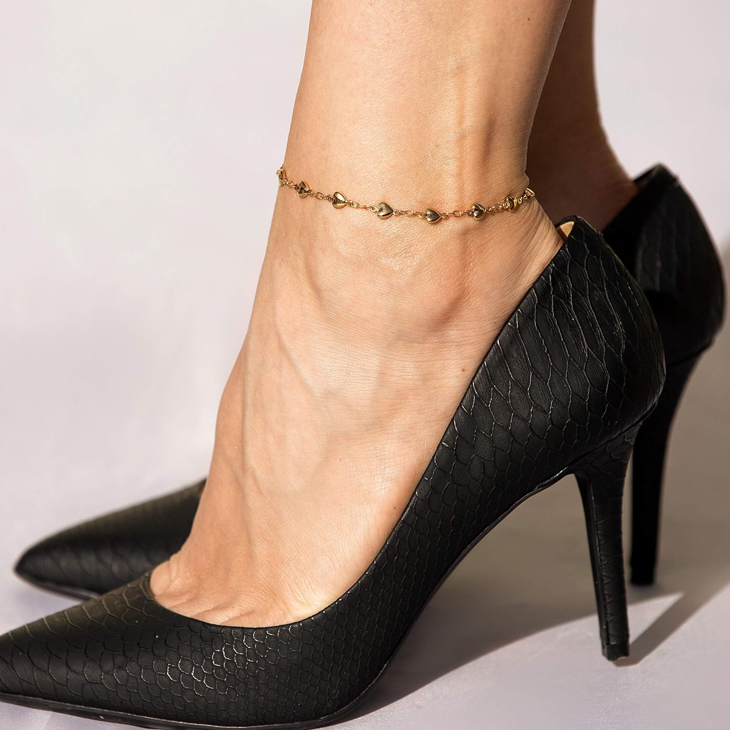 LIFETIME JEWELRY Womens Gold Anklet Solid Heart Link Ankle Bracelet 24k Real Gold Plated - Image 2