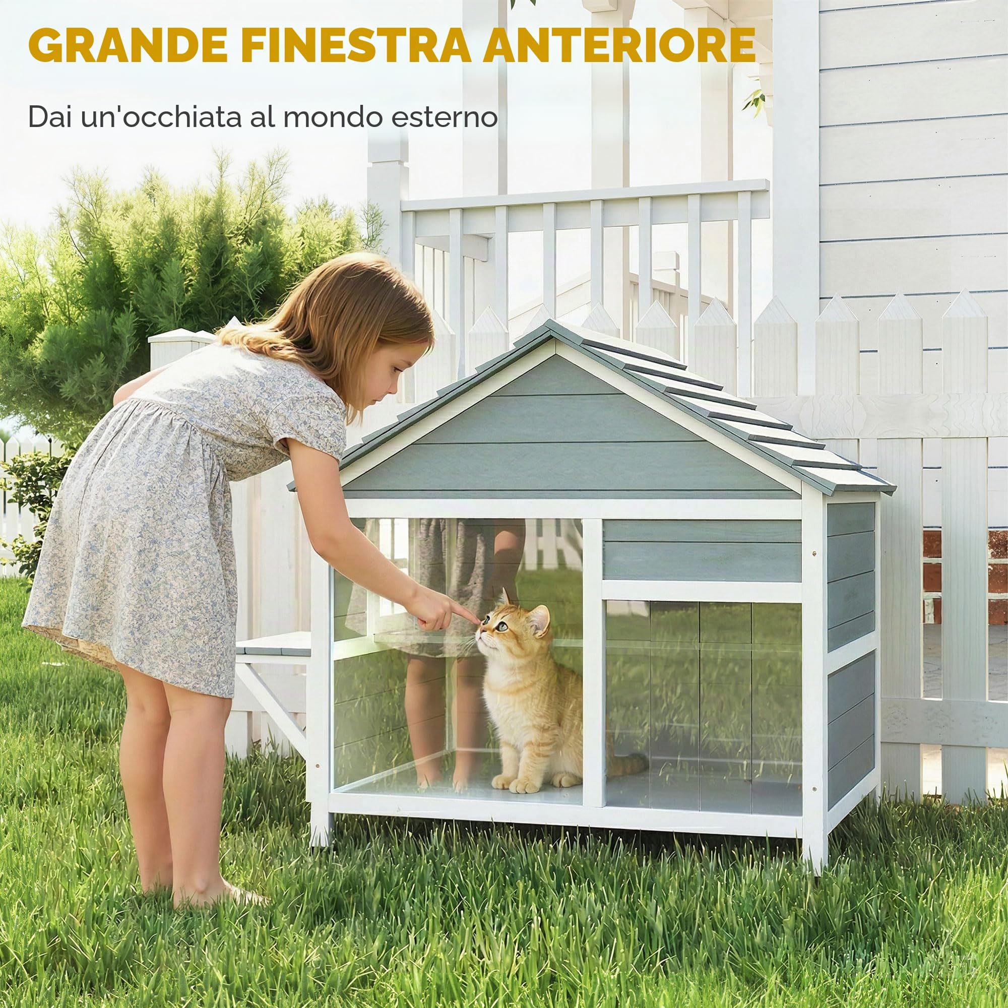 PawHut Casa per gatti in legno resistente alle intemperie con tetto apribile, nicchia esterna con finestra, porta a lamelle e piattaforma, grande villa gatto a doppio piano, 101 x 72,5 x 81 cm, grigio