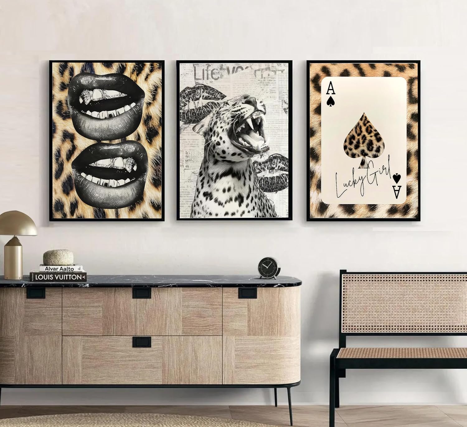 3Pcs Trendy Cheetah Roaring Canvas Wall Art Leopard Lucky Girl Poker Lips Painting Picture Wall Decor Funky Preppy Poster Print Artwork for Bedroom Girly Room Living Room Apartment Home Decoration