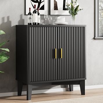 Xixini Fluted Sideboard Buffet Cabinet, 30" Wood Coffee Bar Cabinet, Black