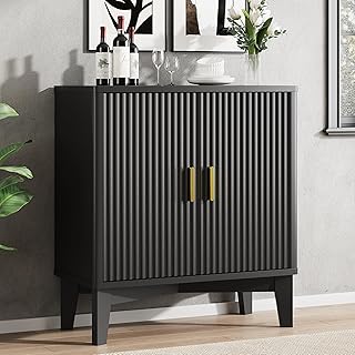 Fluted Buffet Sideboard Cabinet with Storage, 30" Mid Century Modern Coffee Wine Bar with Adjustable Shelves, Wood Small Buffet Table with 2 Doors for Kitchen, Dining Room, Living Room, Black