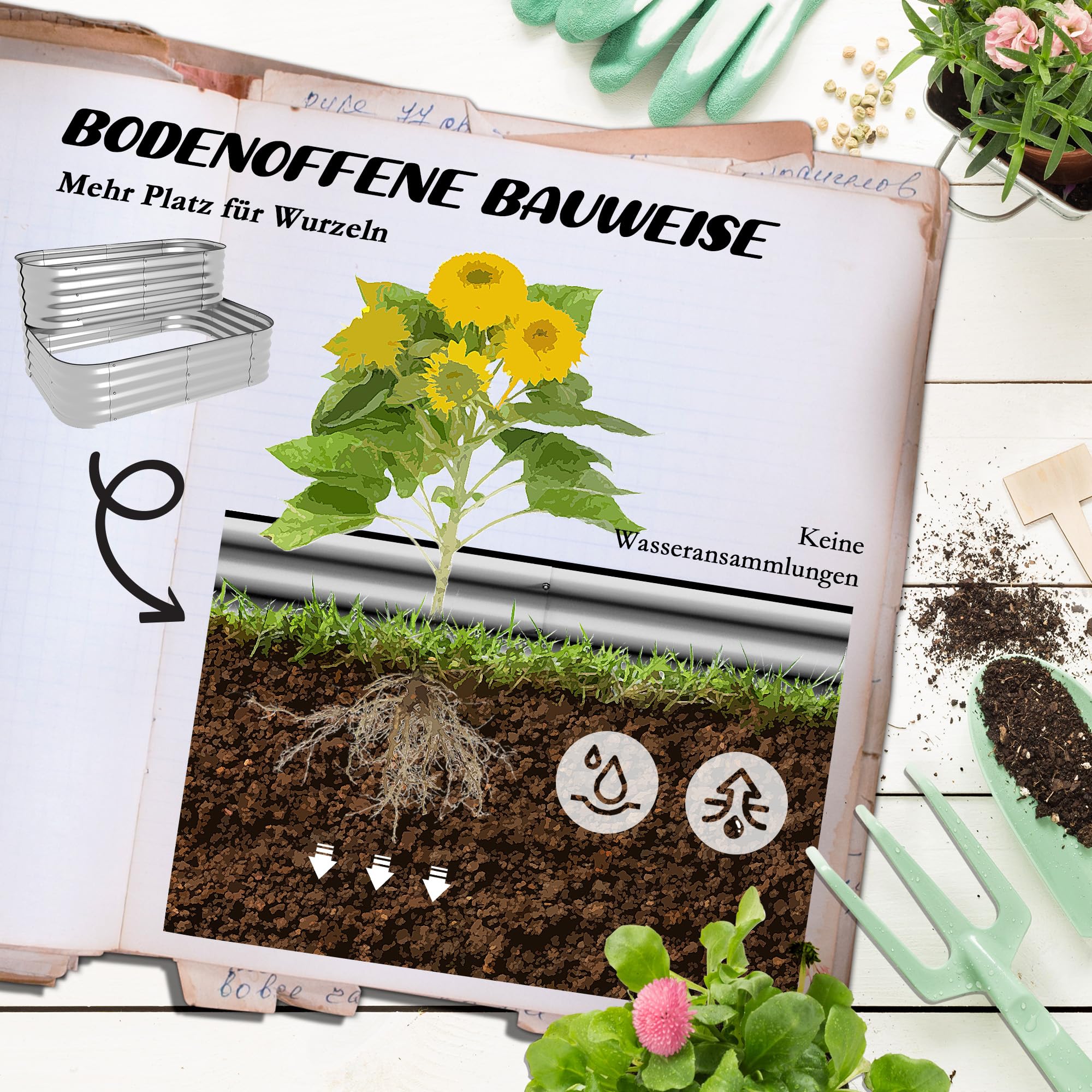 Outsunny Verhoogd plantenbed met klimrek 3-delige set plantenbak bloembak met afvoergaatjes