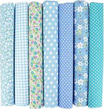 7PCS Flower Cotton Fabric Squares 20" x 20" Fat Quarter Fabric Bundles Craft Fabric for Patchwork Sewing Quilting Crafting DIY Blue