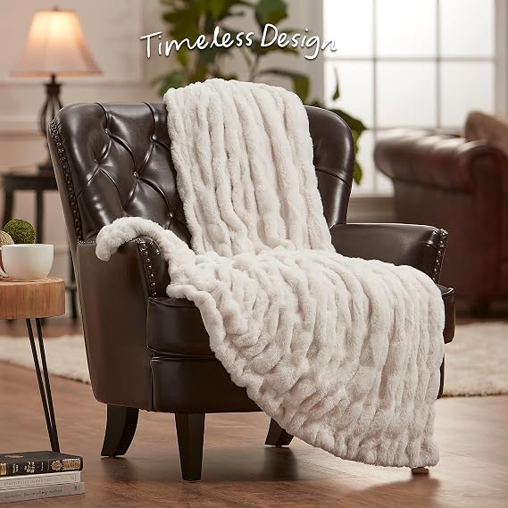 Chanasya Premium Ruched Faux Fur Throw Blanket - Luxurious, Soft Reversible Mink Blanket - 50 x 65 - Cloud