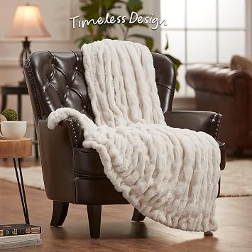 Chanasya Premium Ruched Faux Fur Throw Blanket - Luxurious, Soft Reversible Mink Blanket - 50 x 65 - Cloud