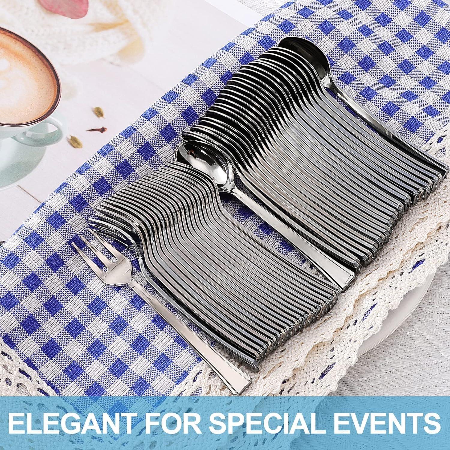 200Pcs Mini Plastic Forks and Spoons, 100 Pcs Silver Forks & 100 Pcs Silver Spoons, Disposable Plastic Silverware, Mini Spoon and Fork for Appetizers Desserts Cake Parties Weddings(4.3 Inch)