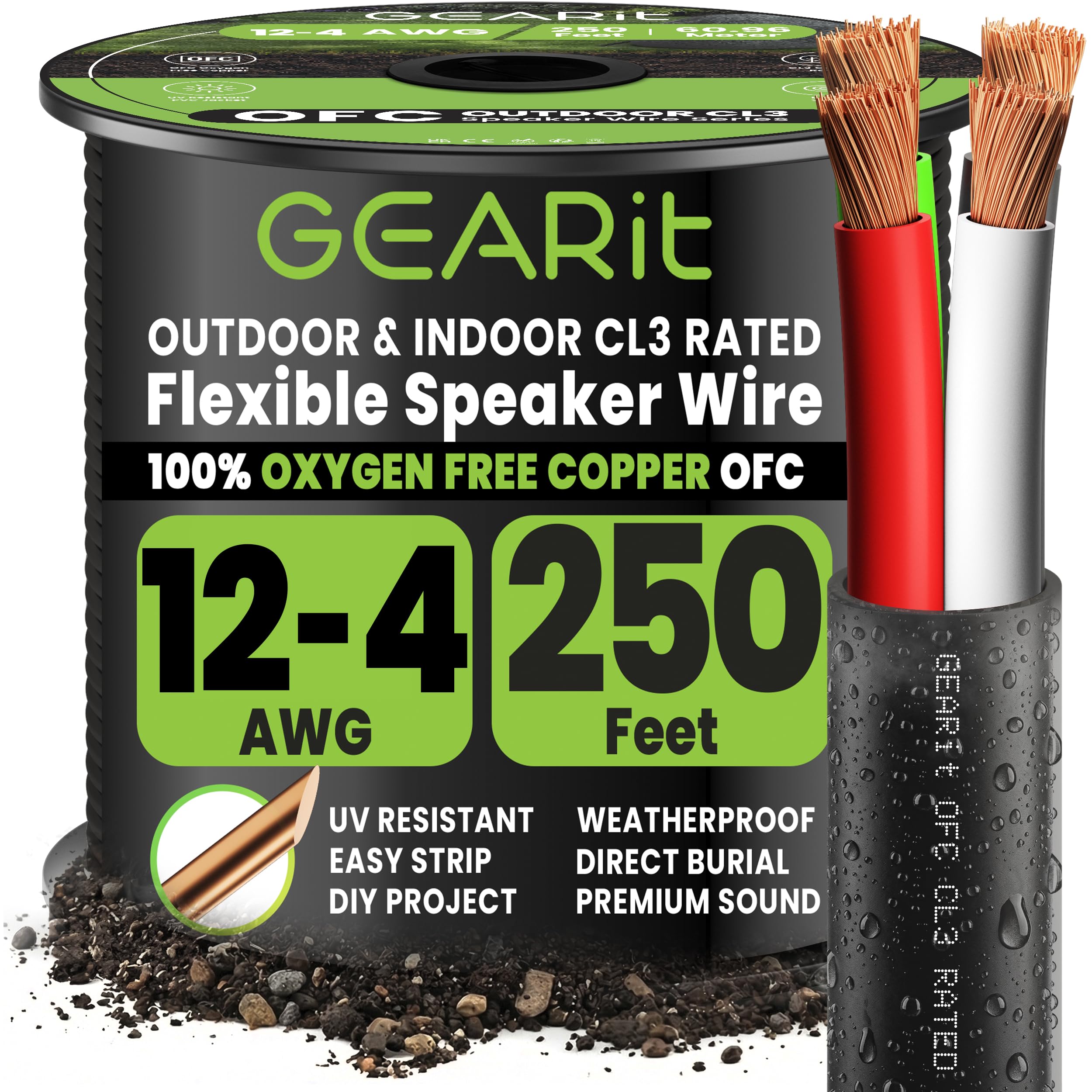GearIT Cable de altavoz para exteriores OFC 2 x 4 mm4 (76,2 metros – negro) cobre sin oxígeno – Cable de audio de alta fidelidad para entierro directo en tierra/en pared/clasificación CL3 CL2/4