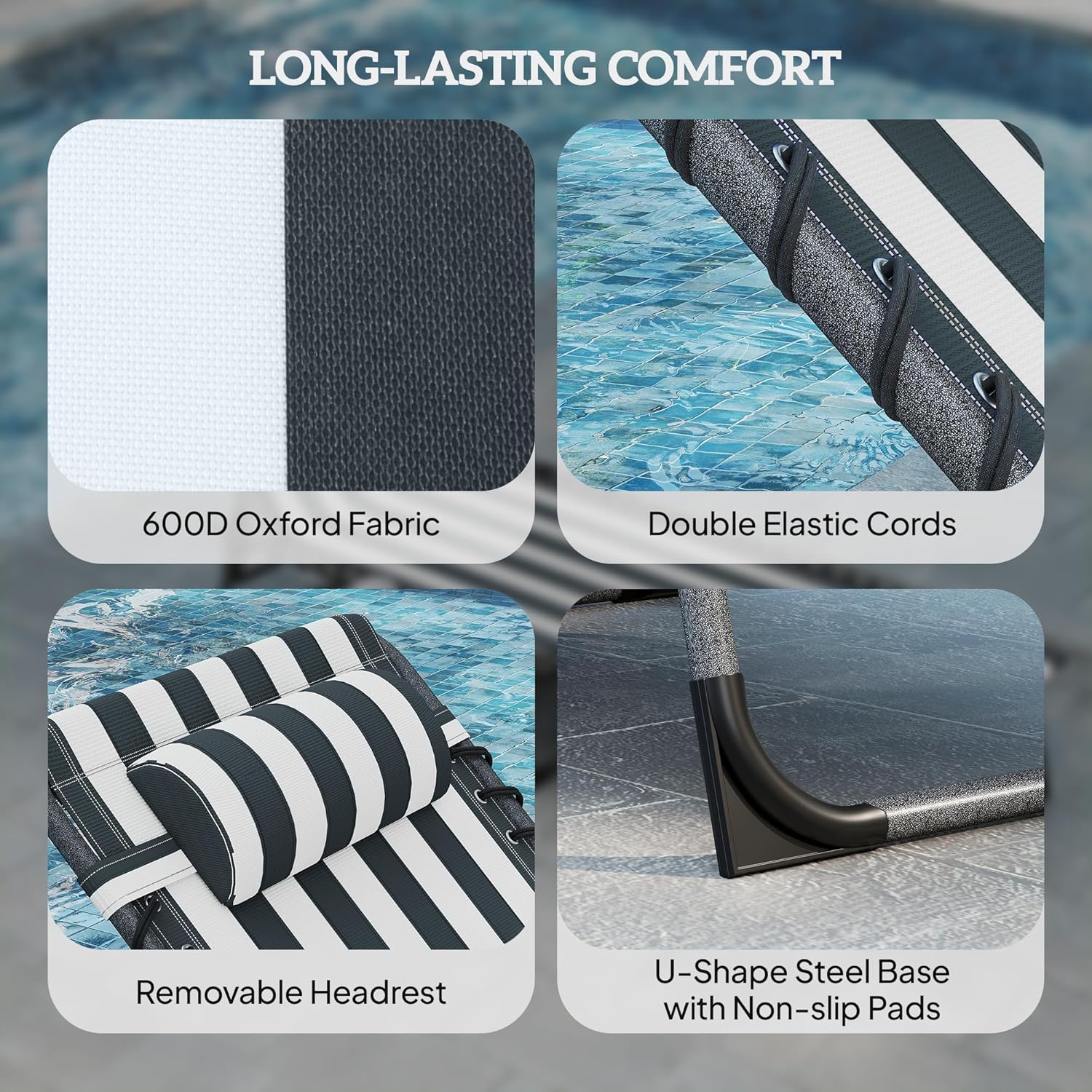 Outsunny Folding Chaise Lounge Chair Outdoor Tanning Chair with Side Table, 5-Level Adjustable Beach Lounge Chair with Headrest, Side Pocket for Patio, Backyard, Beach, Poolside, Blue and White