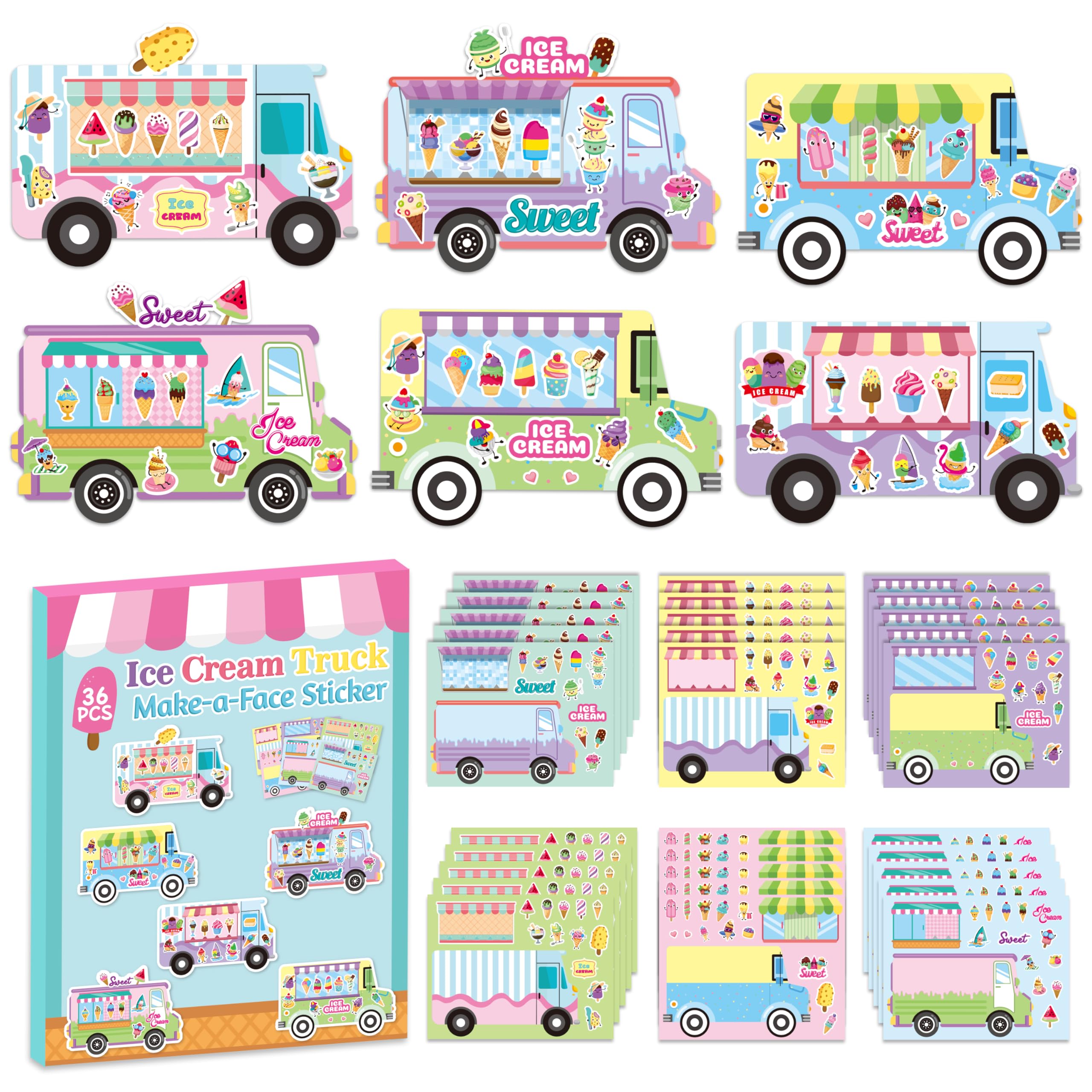 CY2SIDE Ice-Cream Truck Face Sticker - 36PCS Summer Ice Cream Cart Scene Make a Face Sticker Sheet for Kids Make Your Own Dessert Truck Shop Scene