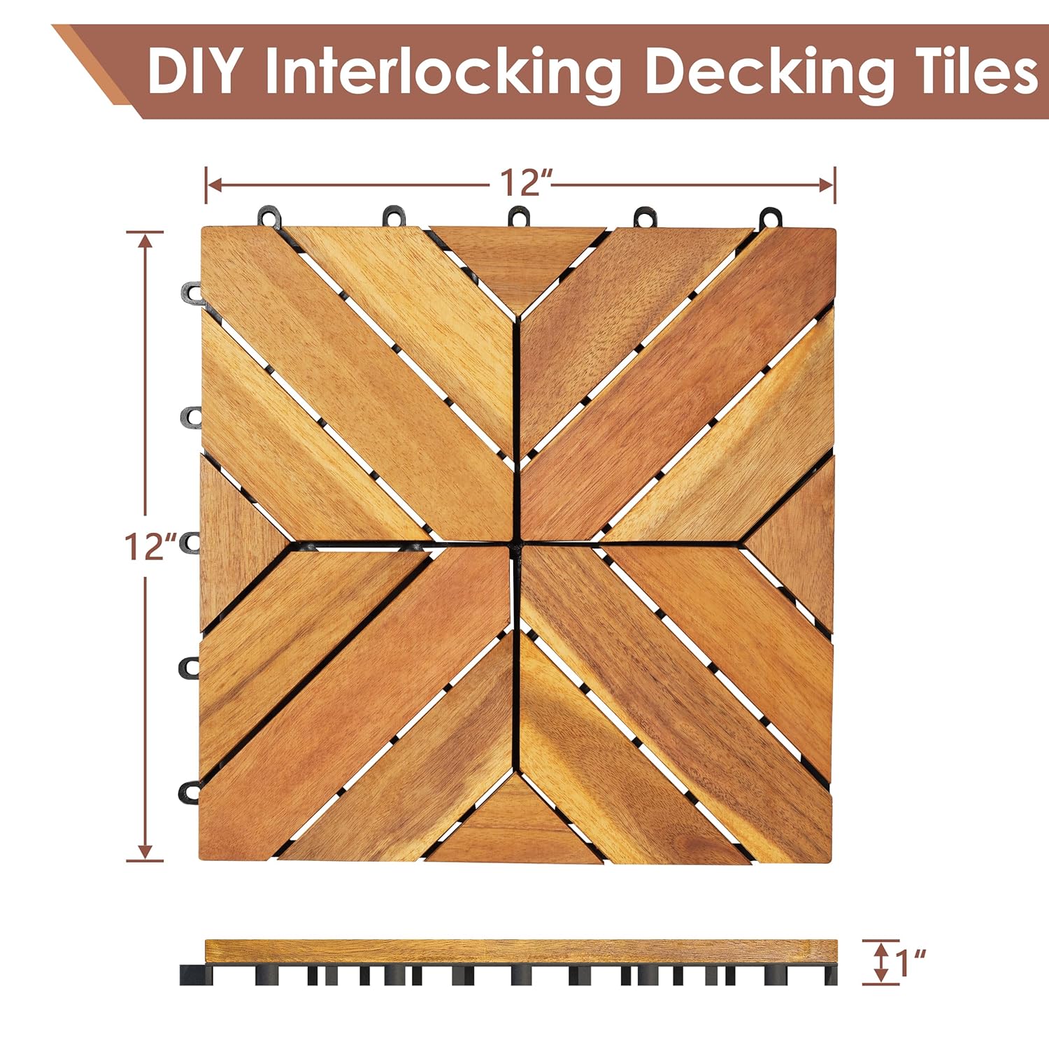 PrimeZone 54 PCS Solid Acacia Wood Interlocking Patio Deck Tiles - 12" x 12" Indoor Outdoor Waterproof Flooring Tiles for Balcony, Backyard & Poolside, All Weather Use, Natural Wood, Square