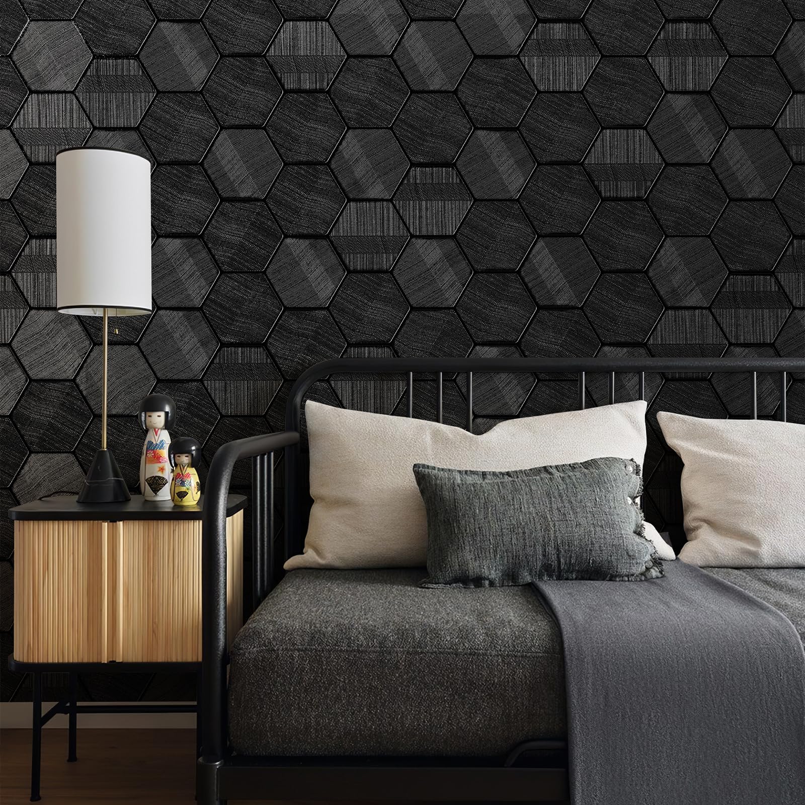 SimonSiff Black Textured Wallpaper 3D Embossed Hexagon Geometric - View #5