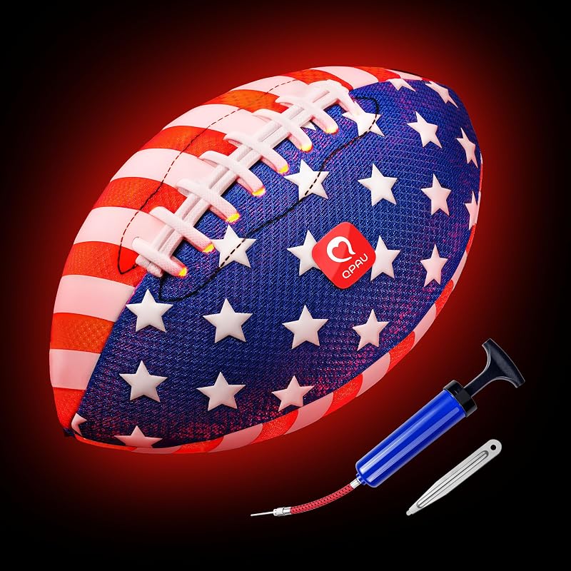 QPAU Glow in the Dark Football – Size 3 for Kids Ages 6-12, Strong Grip Light Up Night Game Ball, Backyard Camping Outdoor Toy, Pump and Batteries Included, Birthday for Boys Girls