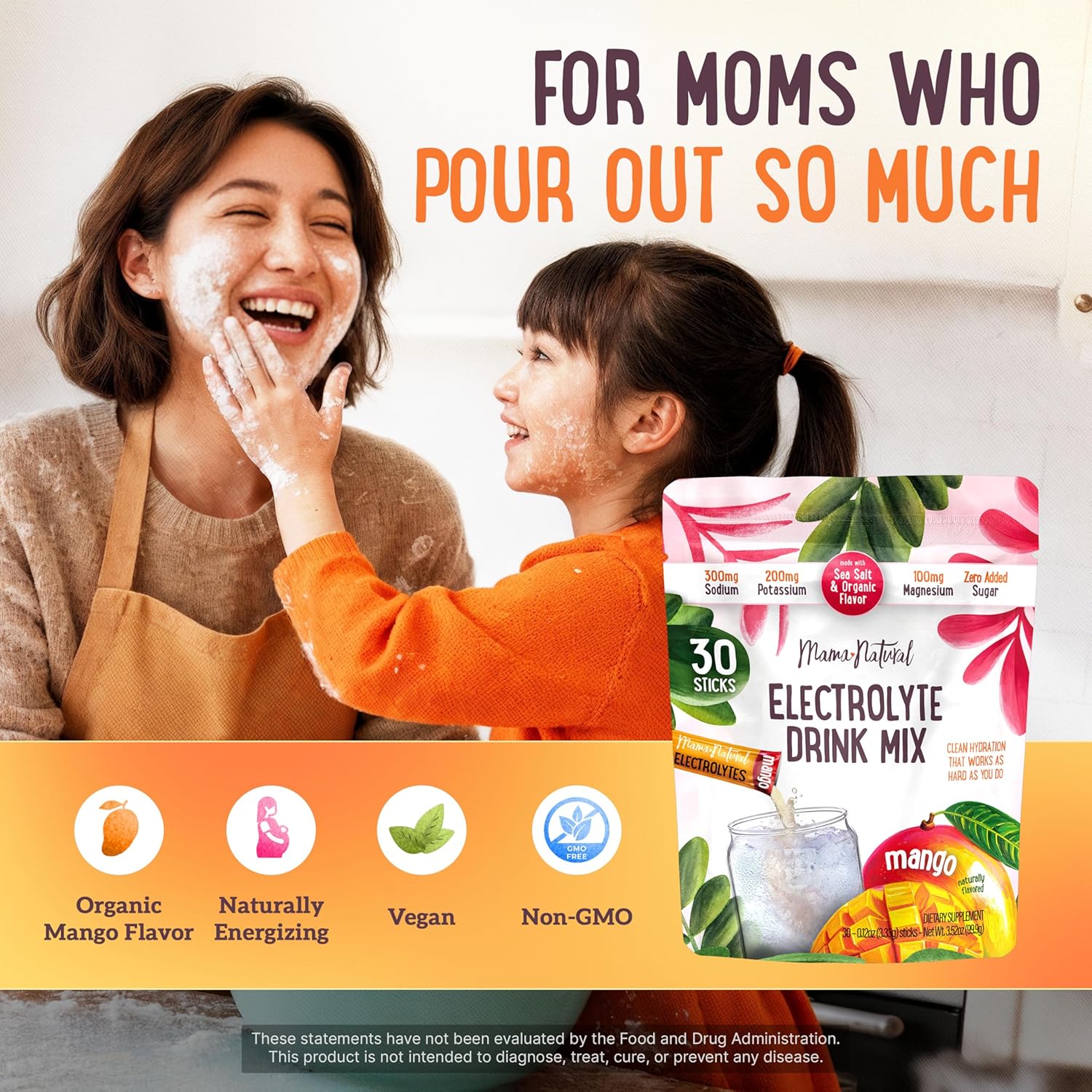 Mama Natural Electrolytes Powder Packets – Instant Hydration with natural Sea Salt, Potassium & Magnesium Glycinate – Sugar Free, Organic Mango Flavor – 30 Travel Sticks for Postpartum & Pregnancy - Image 3