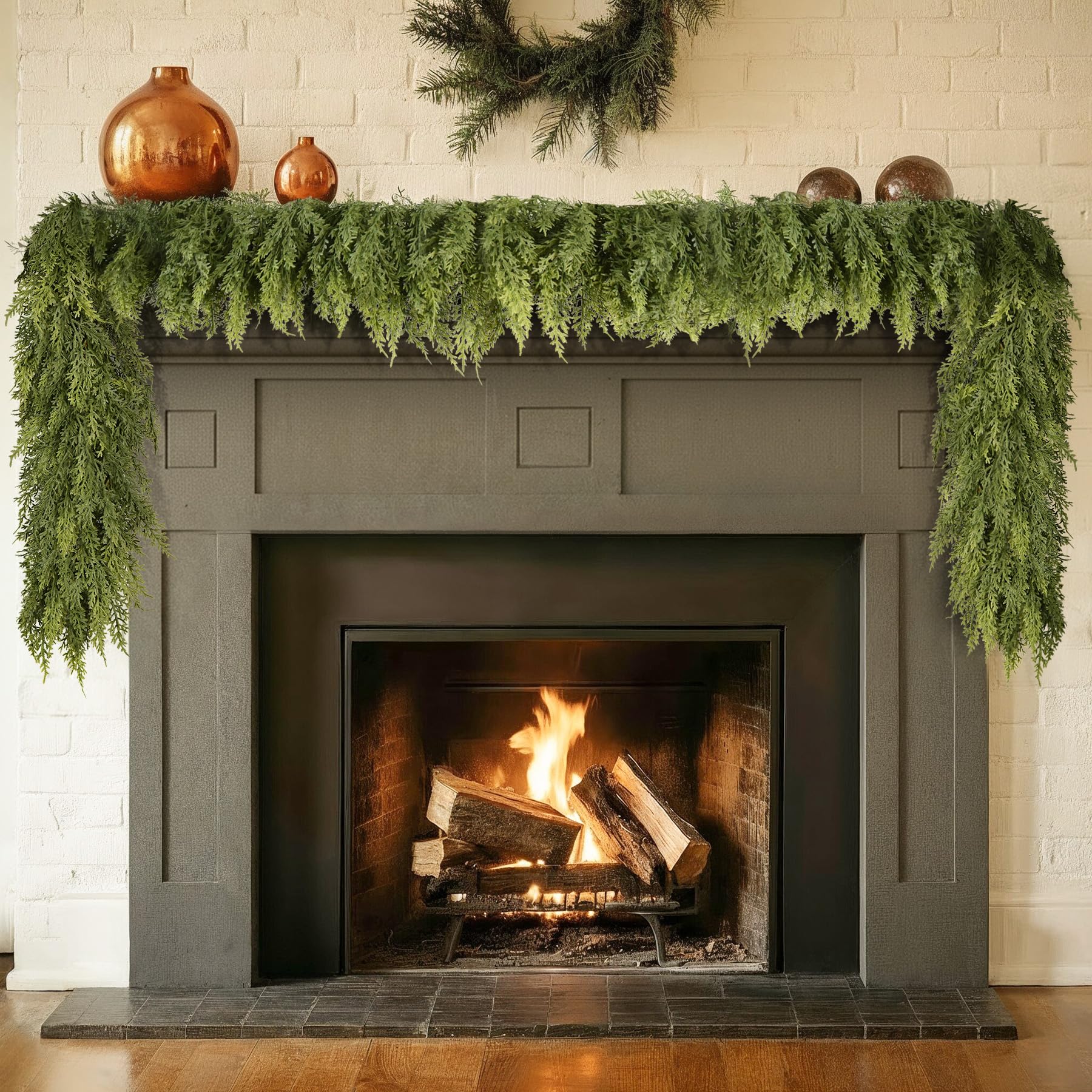 Guirlande de Noël de 2,7 m en cèdre au toucher réaliste, guirlandes de cyprès de verdure pour cheminée, table, mur, décorations de Noël d'intérieur et d'extérieur