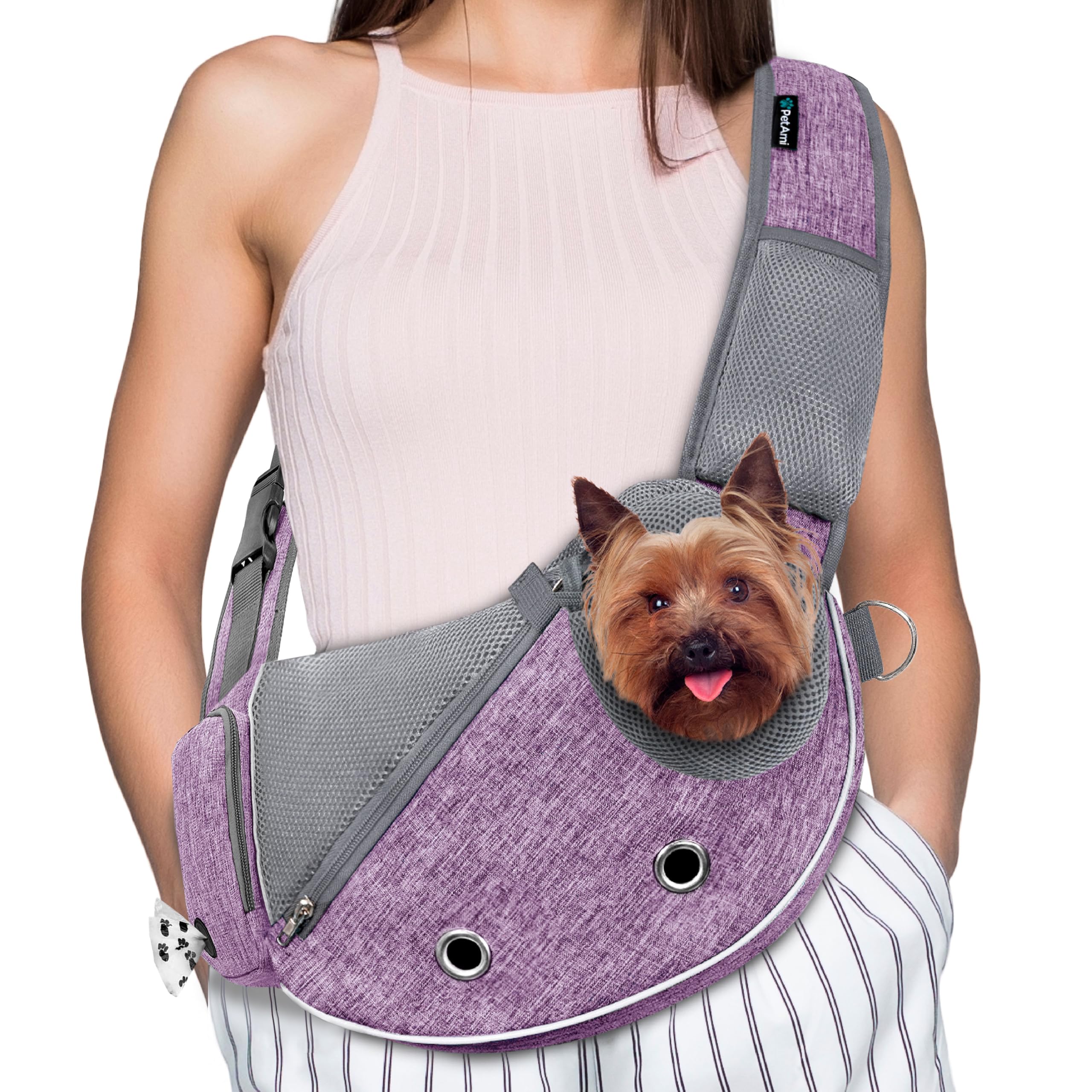 PetAmi Small Dog Sling Carrier, Puppy Cat Hands-Free Purse, 10 lb, Purple