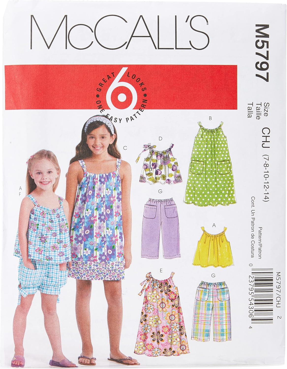 McCall's Patterns M5797 Children's/Girls' Tops, Dresses, Shorts and Pants, Size CHJ (7-8-10-12-14)