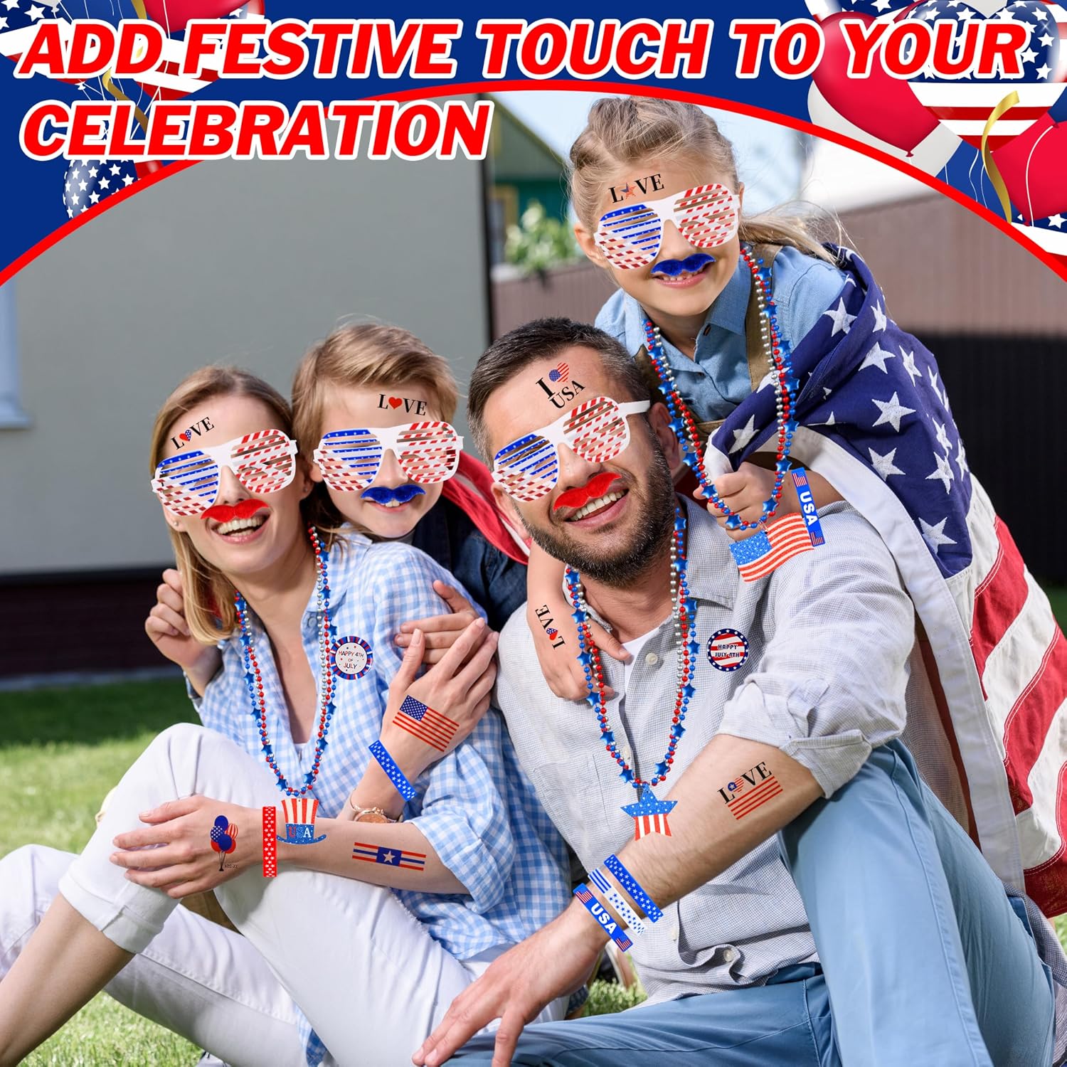 Palonu 146Pcs Patriotic Accessories Including Glasses Necklaces Silicone Bracelets Tattoos Self-adhesive Mustache Handheld US Flags for 4th of July Memorial Day Independence Day Party Decorations