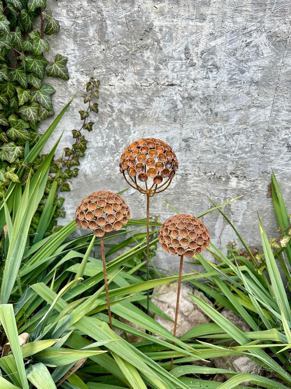 Set of 3 Rustic Metal Exotic Flowers, Garden Decorations, Handmade Sculptures, Rustic Landscaping, Garden Art, Bee and Butterflies Cups